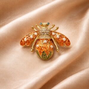 Whimsical Gold Bee Brooch with Pearls